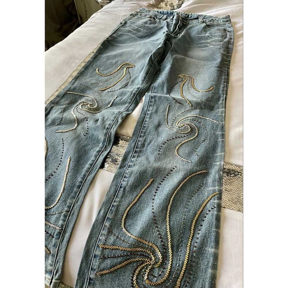 Newport News Embellished Beaded Studded Boot Cut Stretch Jeans 10